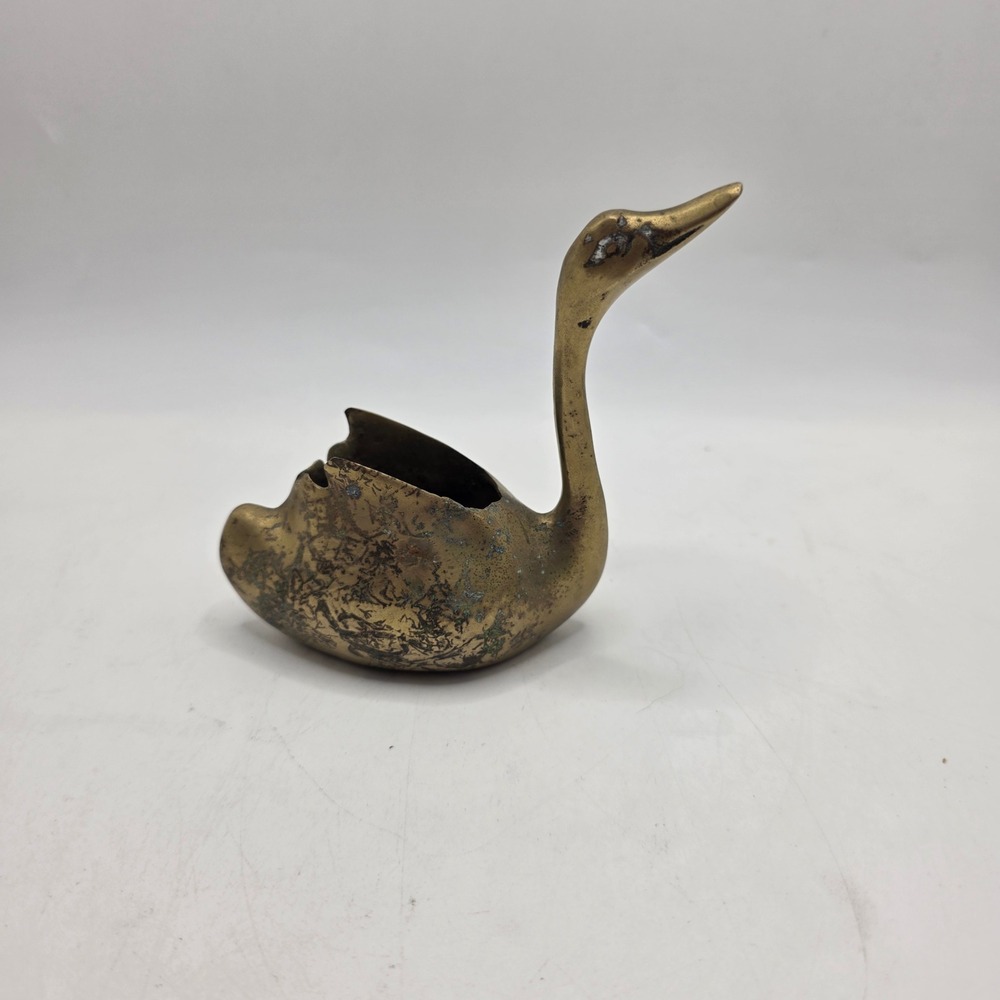 Vintage Brass Swan Planter Trinket Dish Aged Patina Hollywood Regency Catchall
